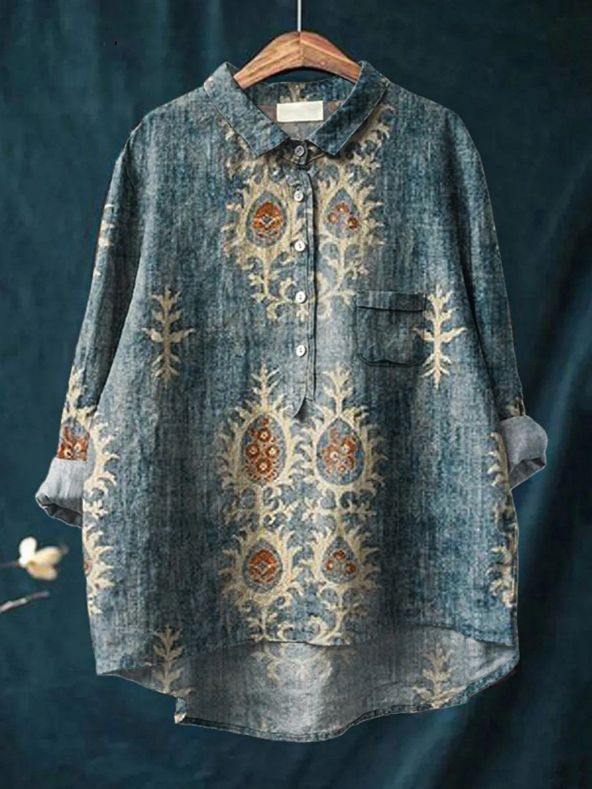 Women's Vintage Ethnic Floral Art Print Casual  Shirt