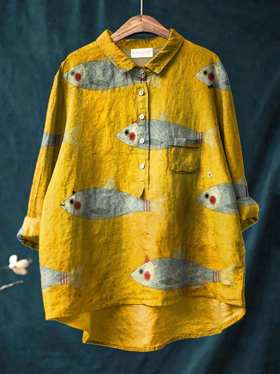 Women's Vintage Fish Art Print Casual  Shirt