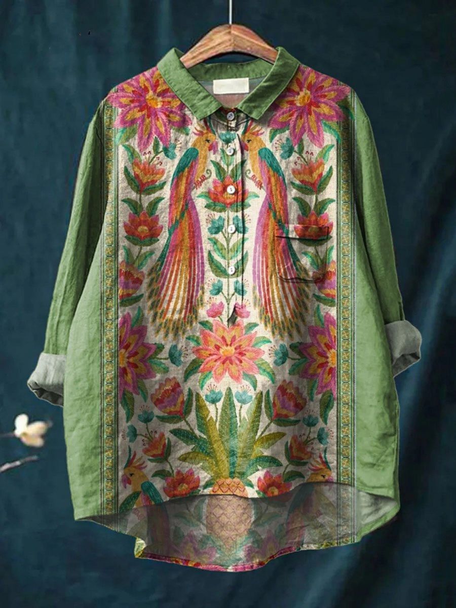 Women's Vintage Lovely Floral Birds Art Print Casual  Shirt