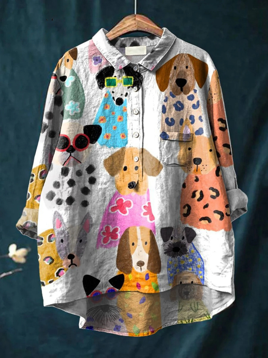 Women's Colorful Fun Cartoon Puppy Print Casual  Shirt