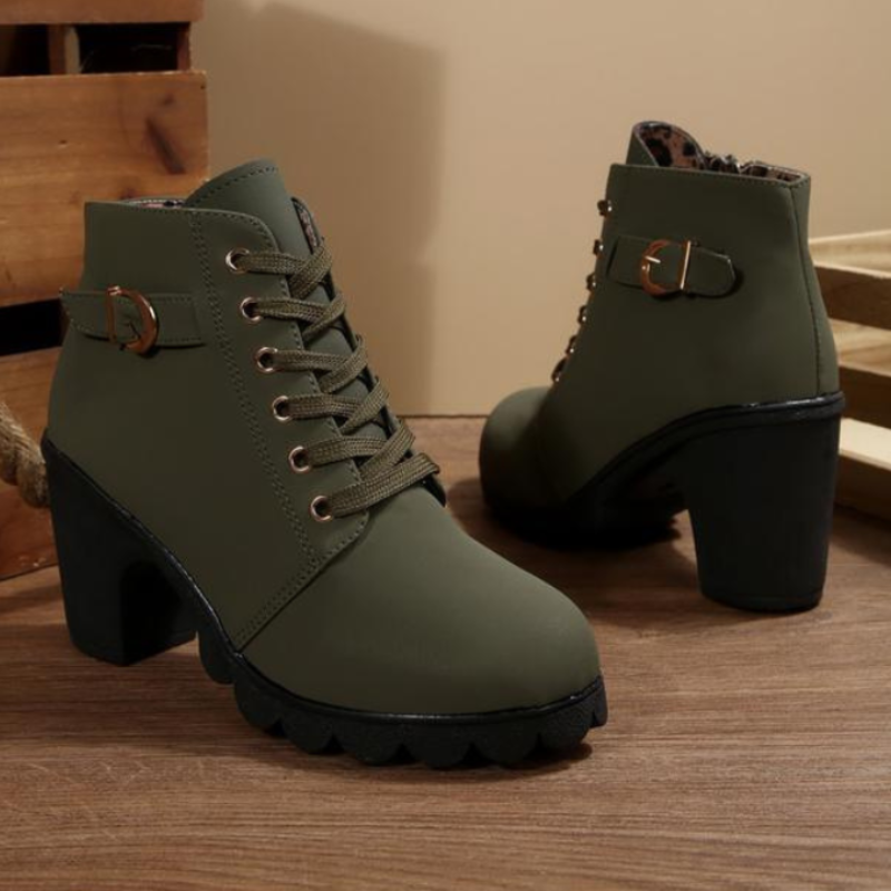 Katni | Chic Lace-Up Metal Buckle Chunky Ankle Boots