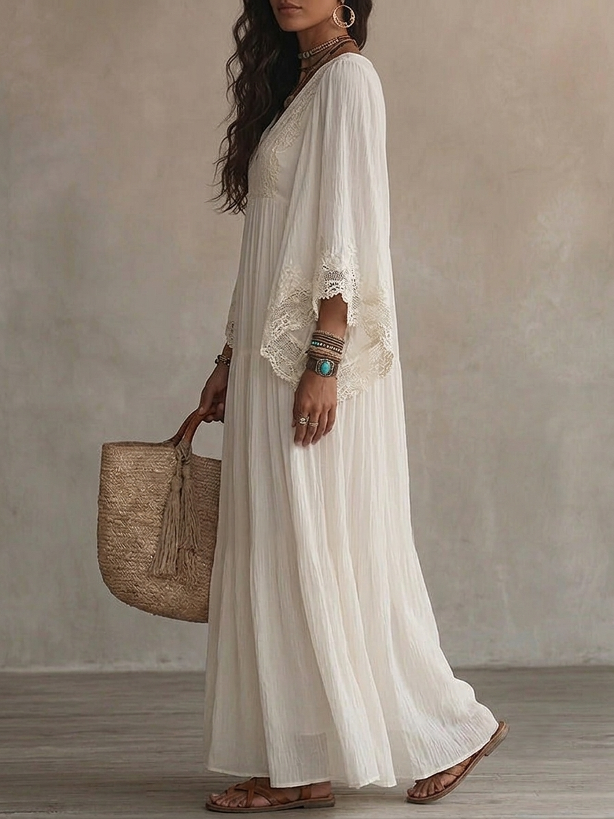 Emilia | White Lace V-neck Batwing Maxi Dress
