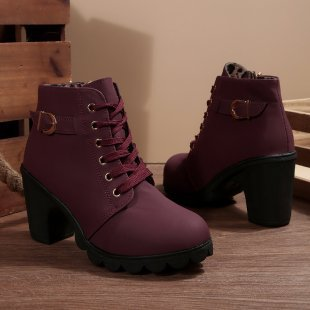 Katni | Chic Lace-Up Metal Buckle Chunky Ankle Boots